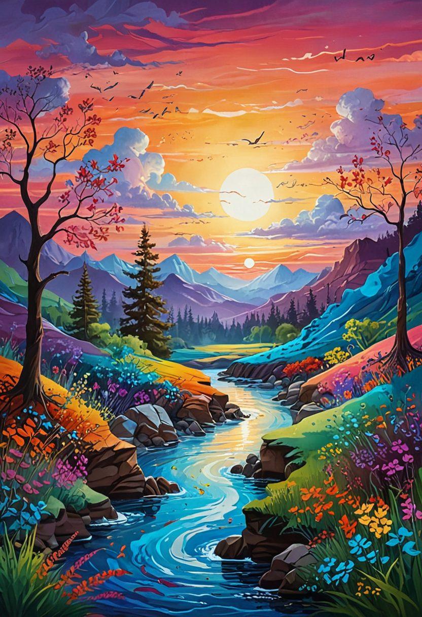 A vibrant landscape filled with sound waves visually represented as colorful, flowing lines that ripple across a serene sunset background. Include abstract musical notes dancing in the air and playful creatures enjoying the melody. The scene should evoke a sense of harmony and adventure. Bright, lively colors should be dominant, giving it a whimsical, dreamlike quality. super-realistic. vibrant colors. painting.