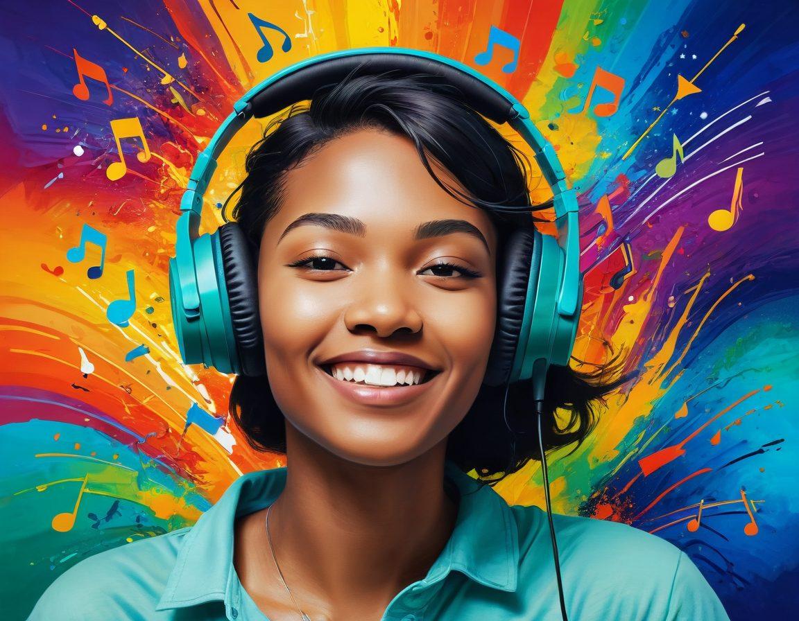 A vibrant scene of a person with headphones, surrounded by colorful sound waves and musical notes, radiating joy and positivity. Incorporate elements like abstract shapes or symbols representing different music genres floating around. The background should blend smoothly from warm colors to cool tones, symbolizing mood elevation. super-realistic. vibrant colors. abstract art.