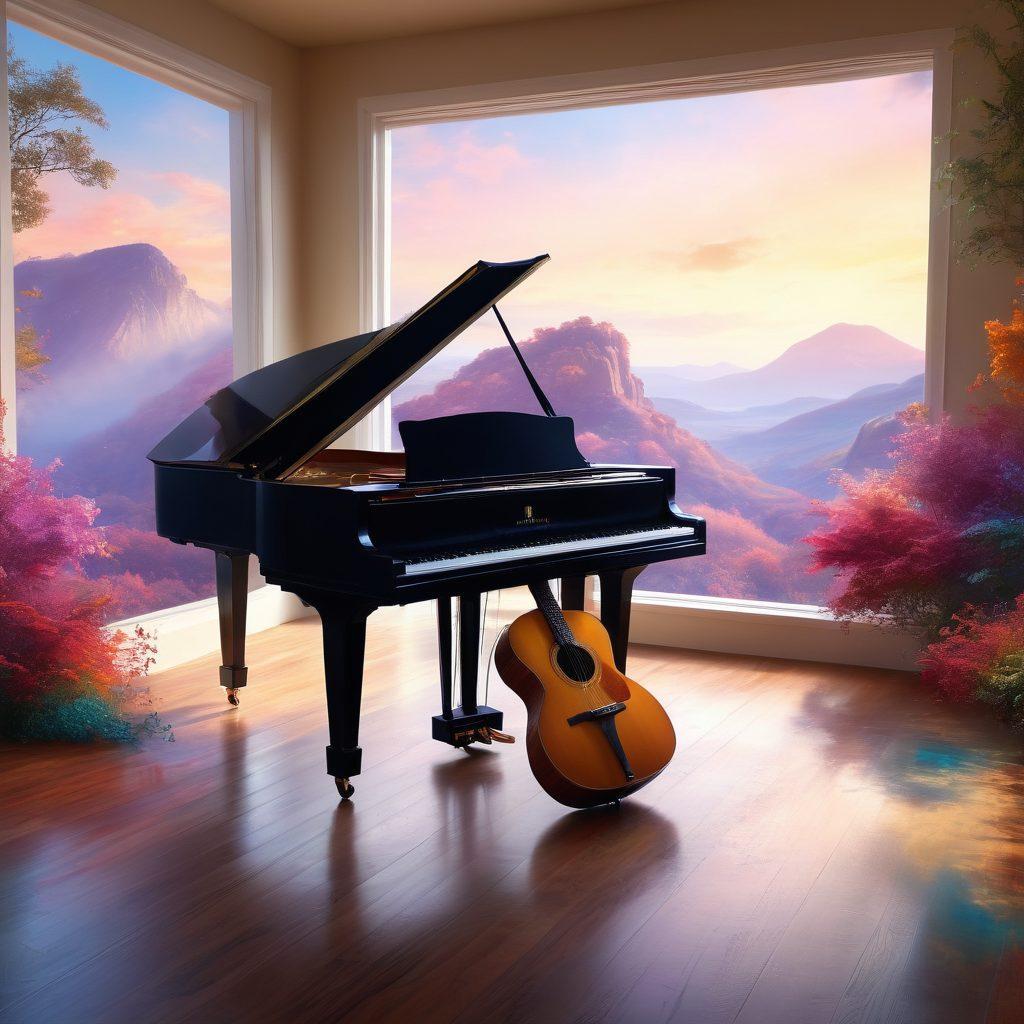 A visually stunning scene depicting a serene studio with musical instruments like a piano and guitar, surrounded by colorful sound waves radiating in different directions, symbolizing various moods. Include a person immersed in creativity, wearing headphones, lost in thought, with vibrant notes swirling around. The background should feature a dreamy landscape that reflects tranquility and joy. super-realistic. vibrant colors. ethereal atmosphere.